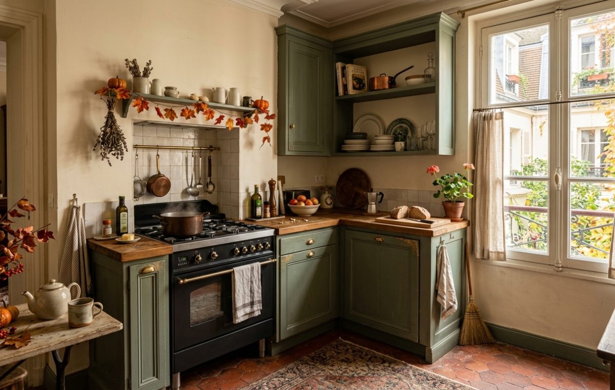 Cozy French Country kitchen featuring sage green cabinets, rustic wood counters, and autumn leaf garlands.