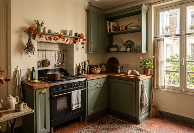 Cozy French Country kitchen featuring sage green cabinets, rustic wood counters, and autumn leaf garlands.