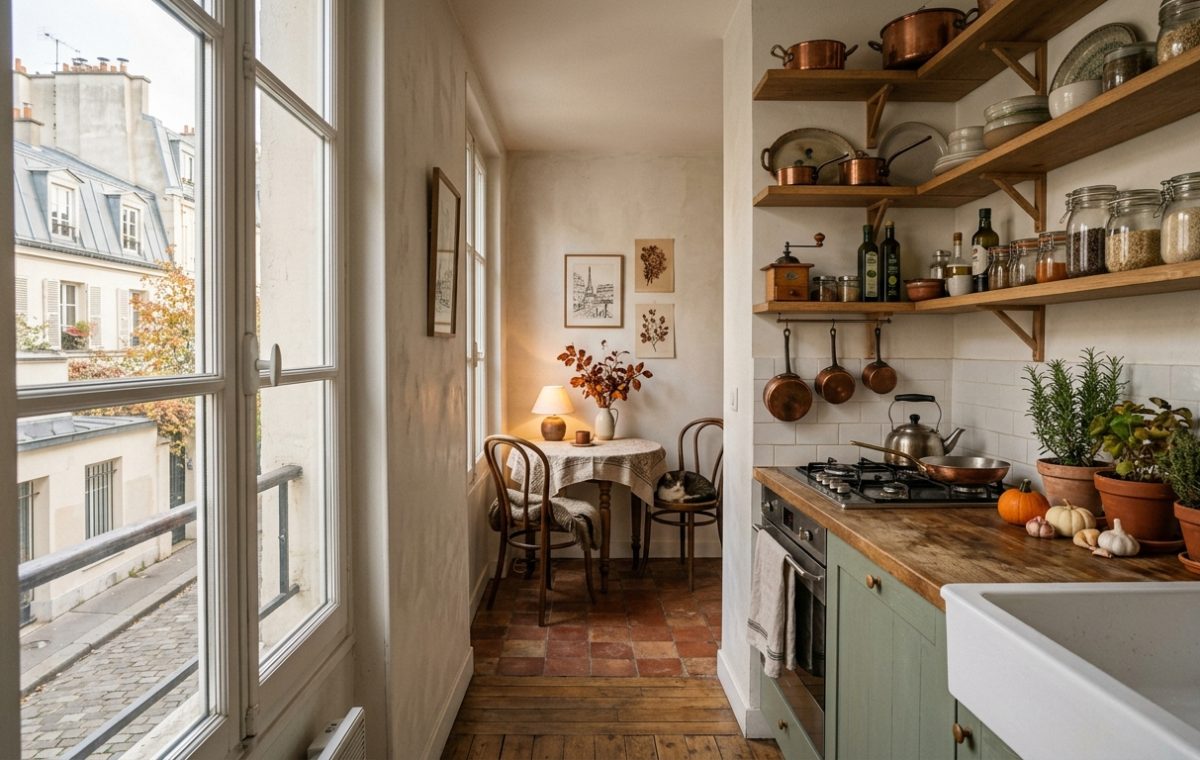 Charming galley kitchen featuring wooden open shelving, copper cookware, and a view of historic buildings through a tall window.