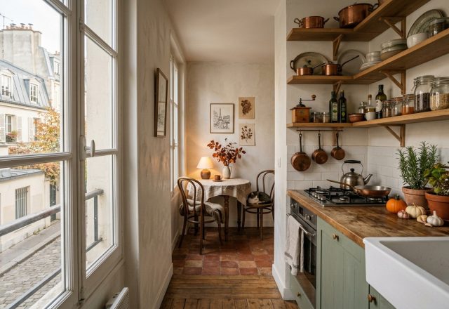 Charming galley kitchen featuring wooden open shelving, copper cookware, and a view of historic buildings through a tall window.