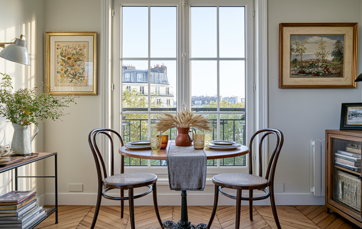 A cozy small dining nook with a round bistro table and wooden chairs placed by a large window.
