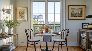 A cozy small dining nook with a round bistro table and wooden chairs placed by a large window.