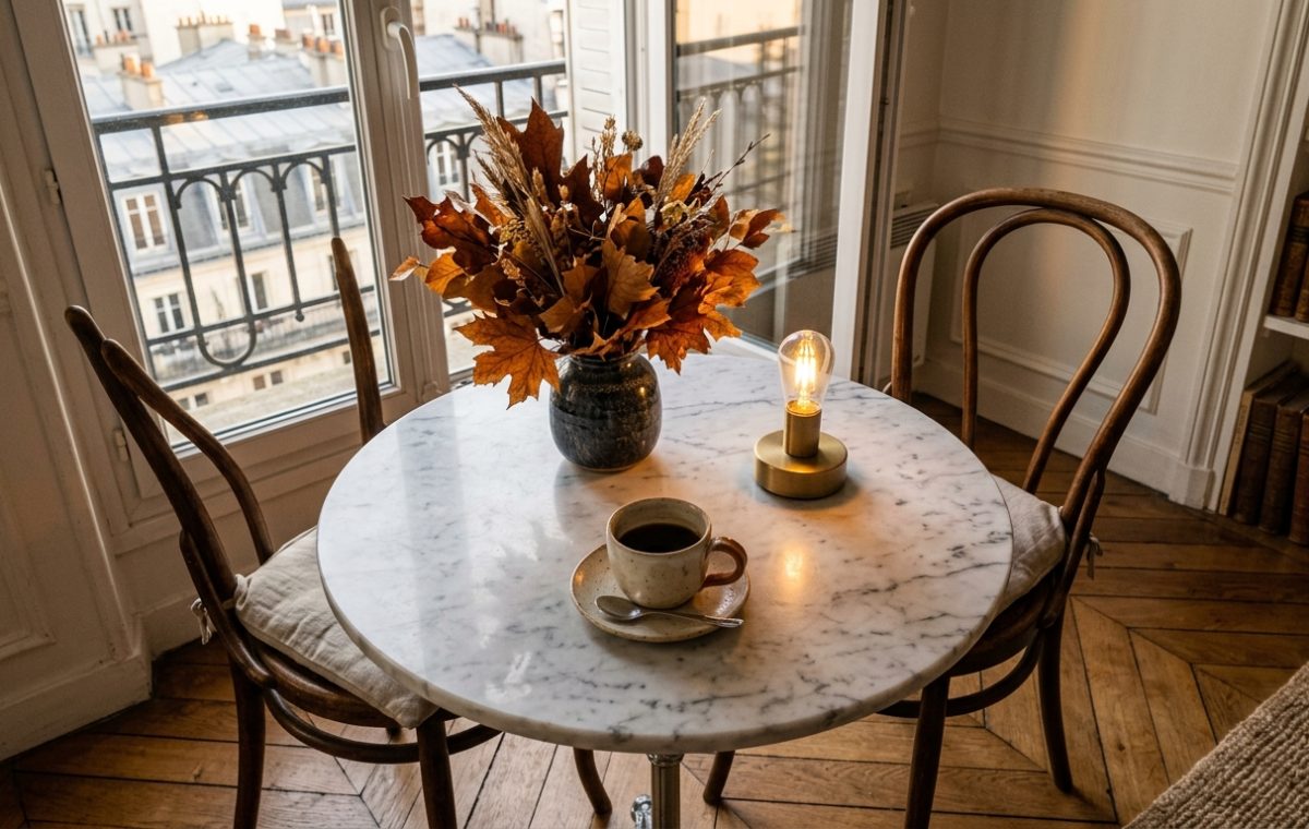 Small dining nook ideas featuring a round marble bistro table and cozy chairs in a Paris apartment.