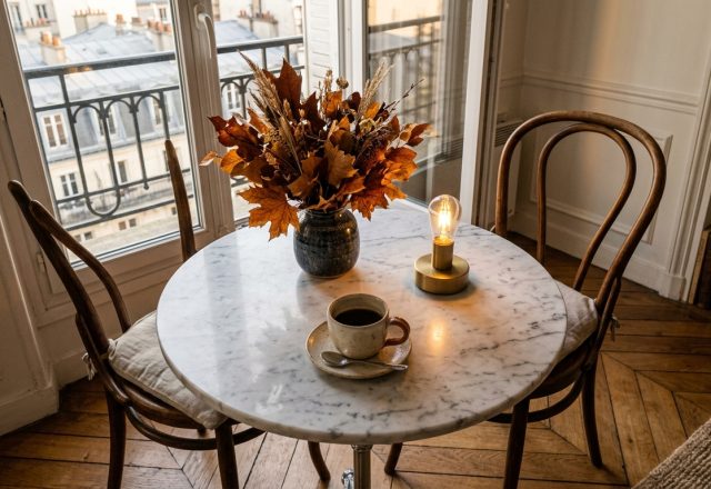 Small dining nook ideas featuring a round marble bistro table and cozy chairs in a Paris apartment.