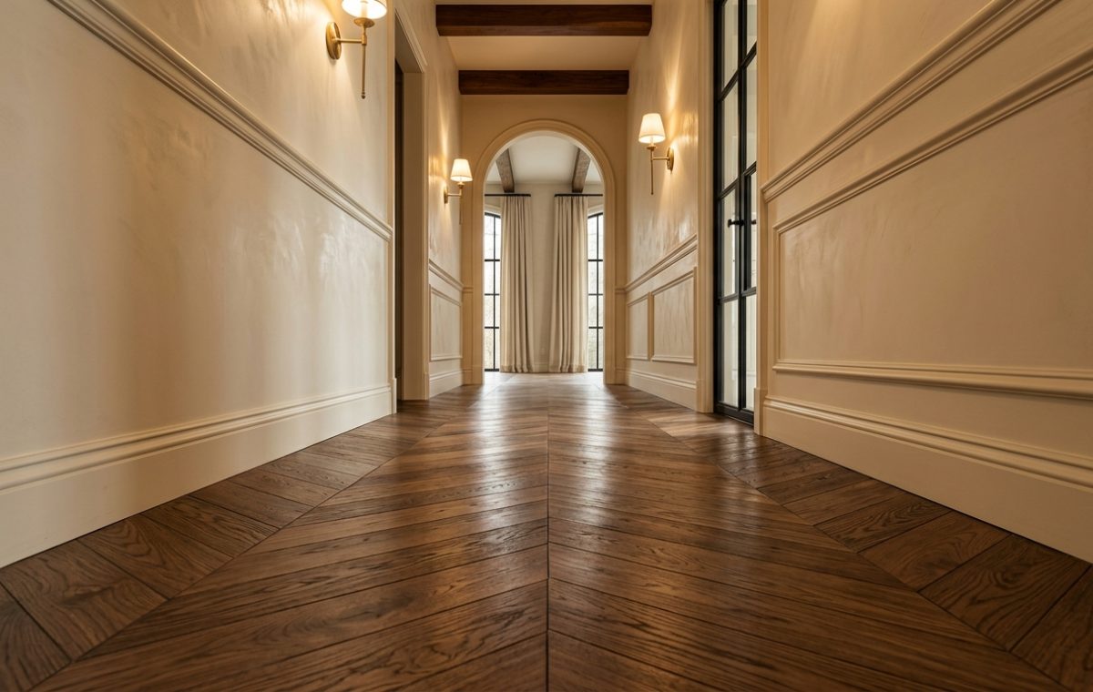 Rich brown chevron hardwood flooring in a bright transitional hallway with wainscoting and brass sconces.