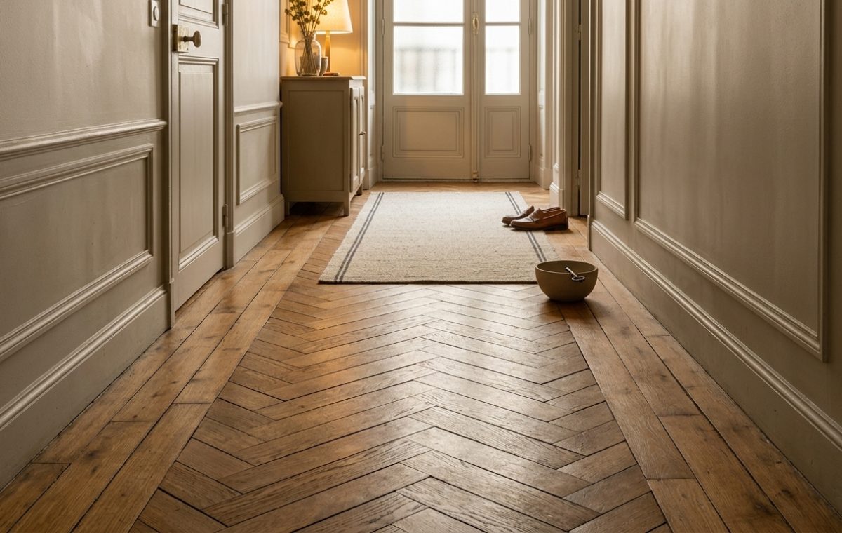 Hallway with chevron parquet flooring, straight border planks, and classic wall mouldings.