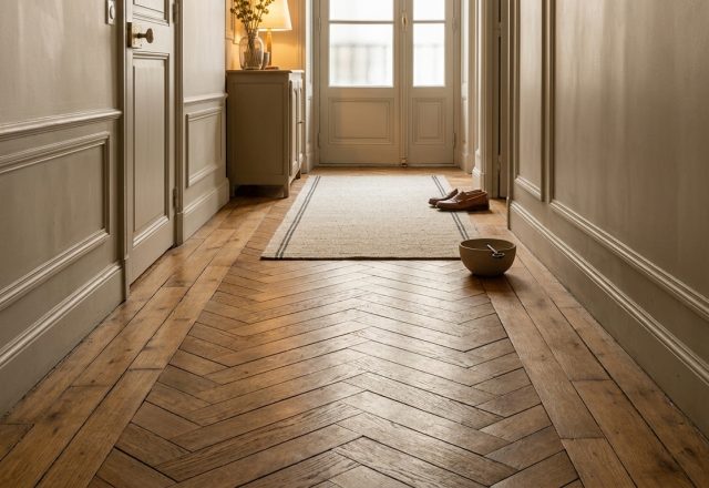 Hallway with chevron parquet flooring, straight border planks, and classic wall mouldings.