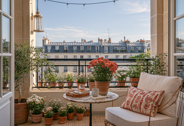 French apartment balcony decor featuring a cozy armchair, terracotta plant pots, and views of classic Parisian rooftops.