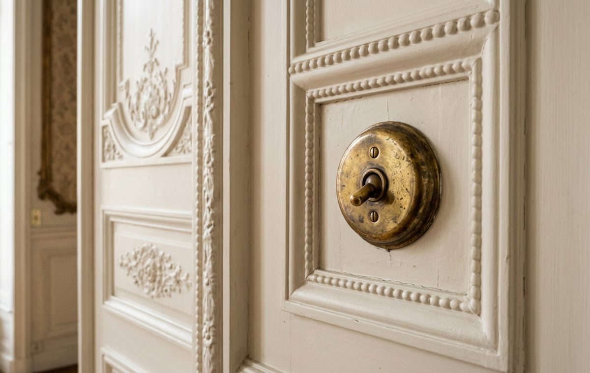 Close-up of a vintage brass toggle light switch mounted on intricate white paneled molding.