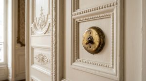 Close-up of a vintage brass toggle light switch mounted on intricate white paneled molding.
