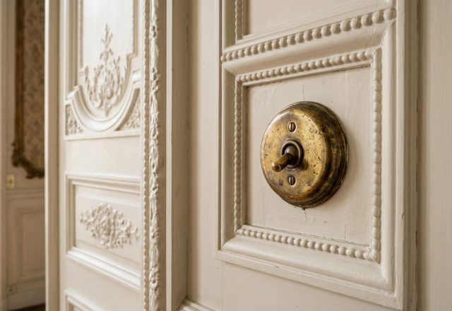 Close-up of a vintage brass toggle light switch mounted on intricate white paneled molding.