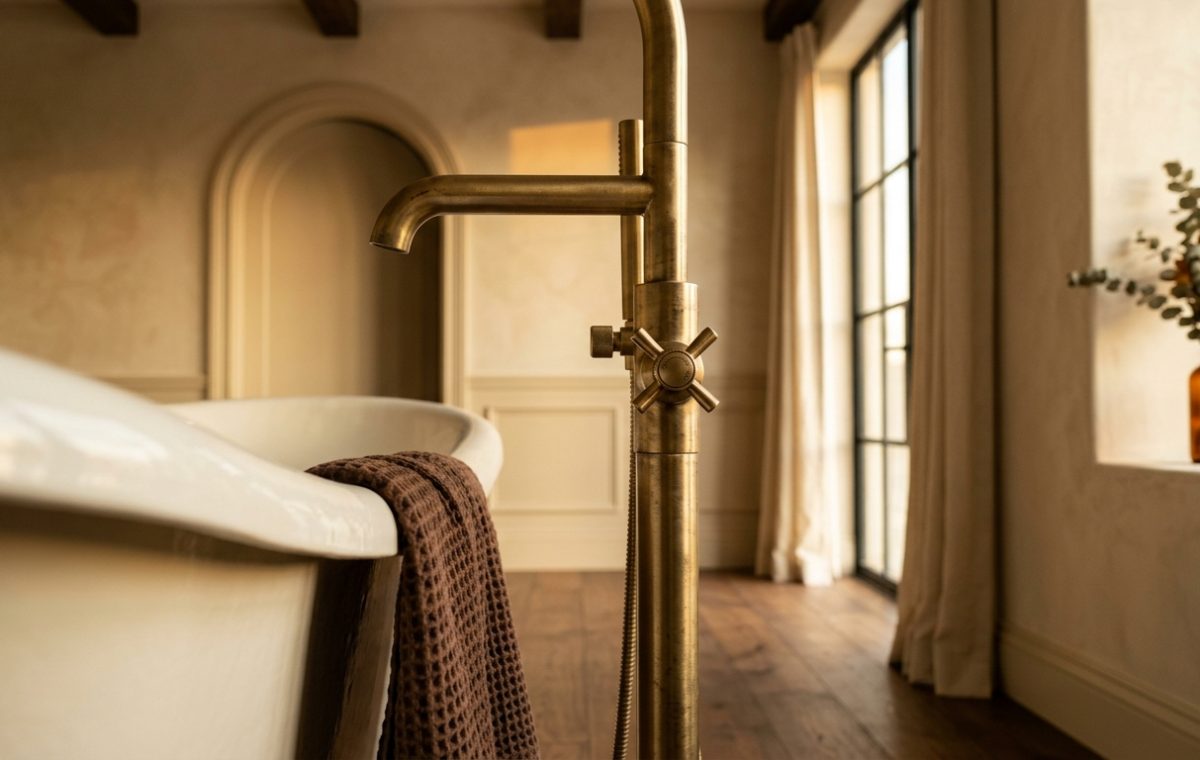 Close up of a freestanding brass bathtub faucet next to a deep soaking tub in a warm rustic bathroom.