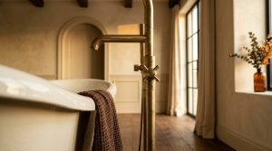 Close up of a freestanding brass bathtub faucet next to a deep soaking tub in a warm rustic bathroom.