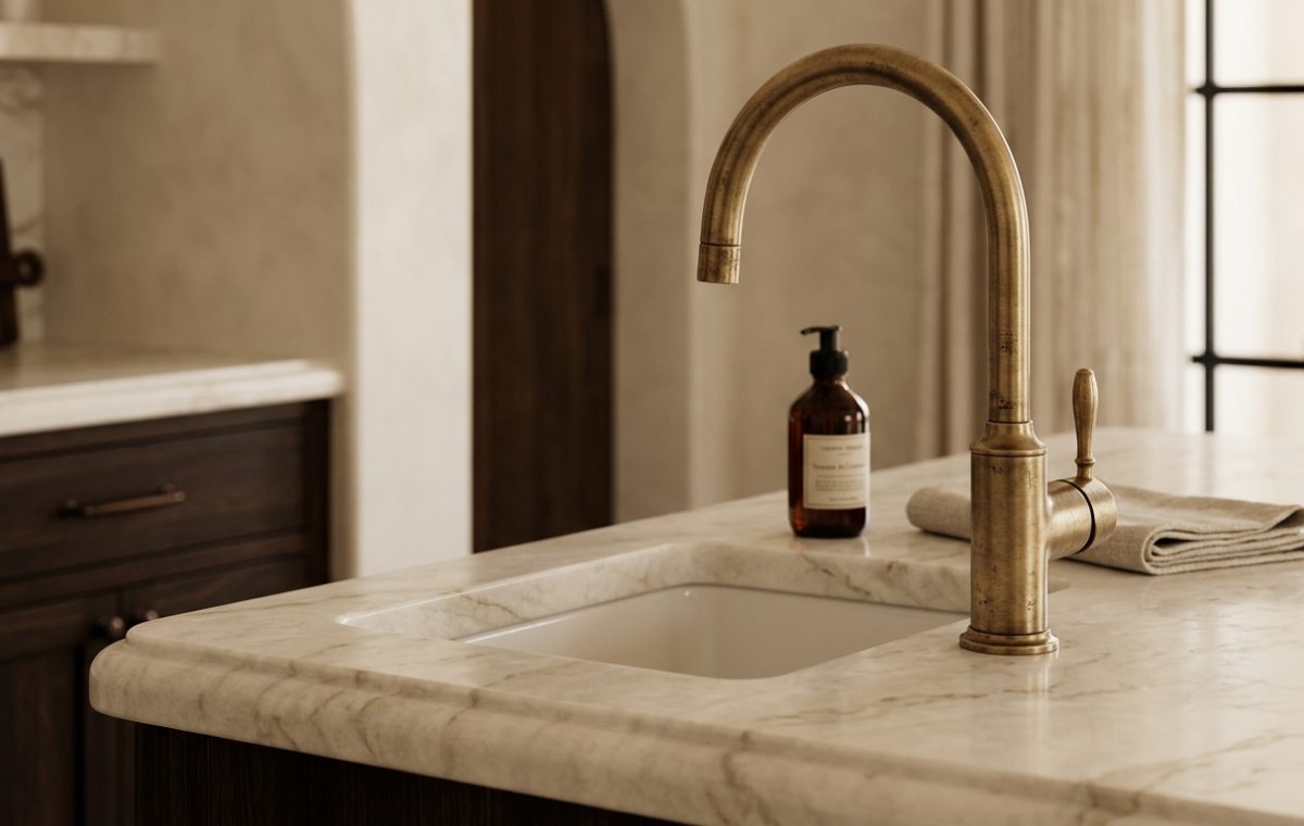 An antique brass kitchen faucet mounted next to an undermount sink on a marble countertop with dark wood cabinets.