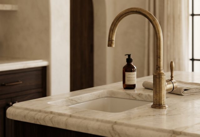 An antique brass kitchen faucet mounted next to an undermount sink on a marble countertop with dark wood cabinets.