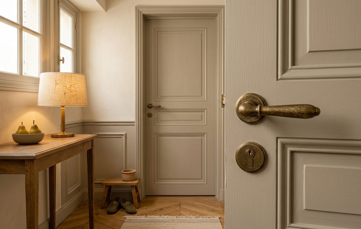 Close up of an aged brass door handle on a neutral paneled interior door in a stylish hallway