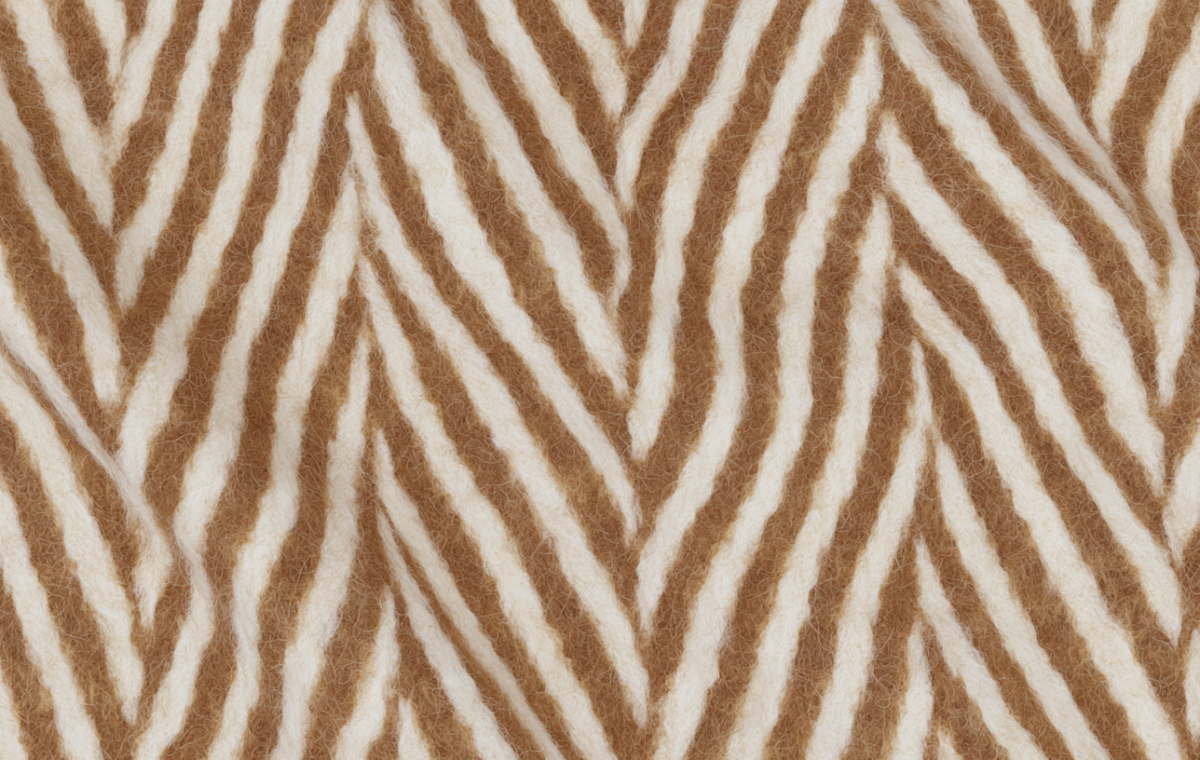 Close up shot of textured wool herringbone fabric in camel and cream.
