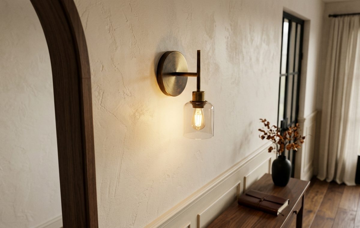 A stylish brass hallway wall sconce with a clear glass shade illuminating a textured plaster corridor wall.