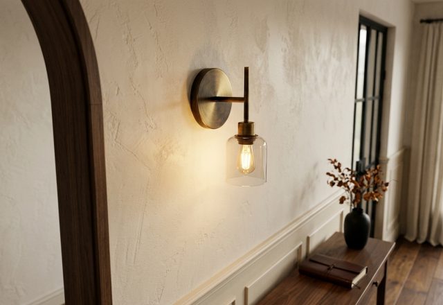 A stylish brass hallway wall sconce with a clear glass shade illuminating a textured plaster corridor wall.