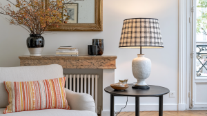 A stylish living room table lamp with a plaid shade sitting on a dark side table next to a sofa.