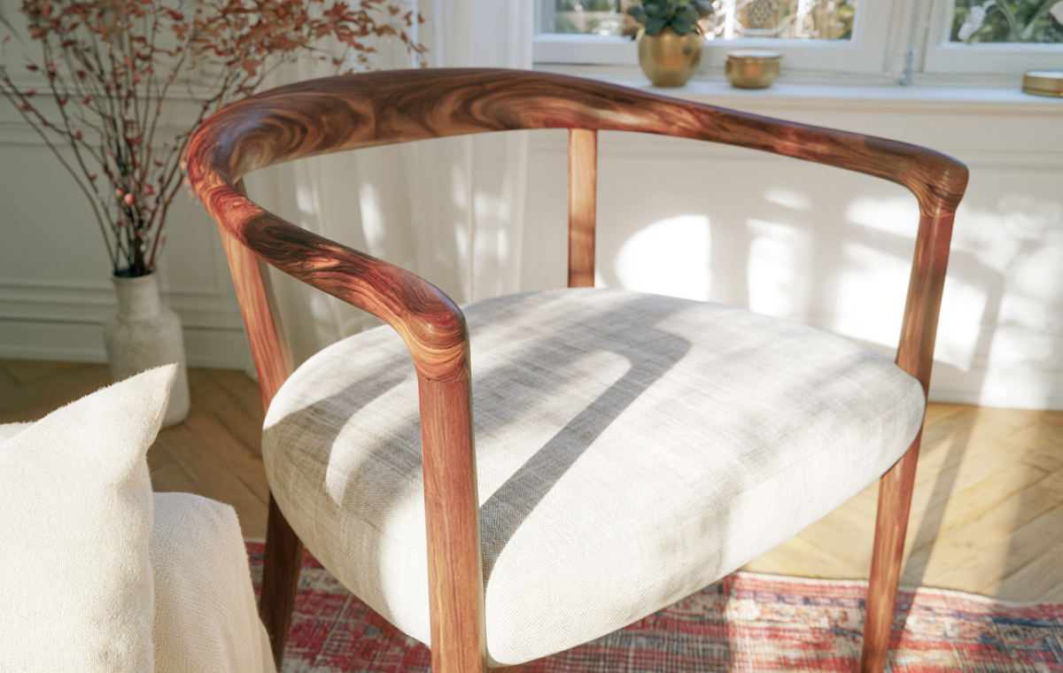 A sleek wooden armchair with a neutral upholstered seat sitting in a sunlit living room with herringbone floors.