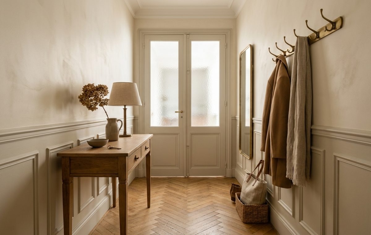 Classic hallway design with wall molding, herringbone floors, and wooden console table.