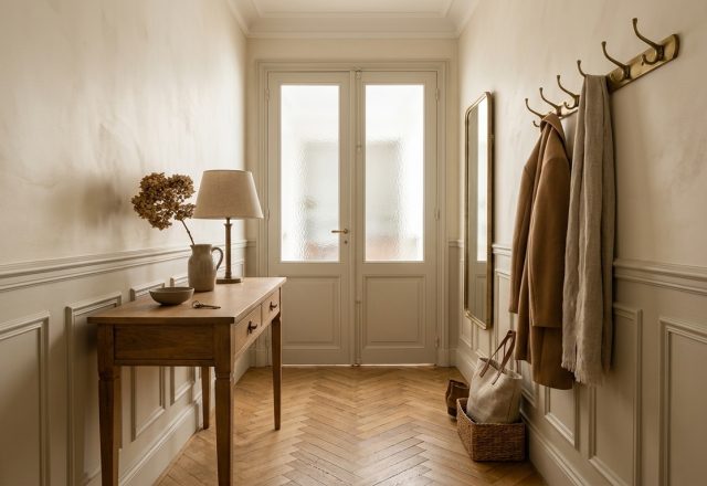 Classic hallway design with wall molding, herringbone floors, and wooden console table.