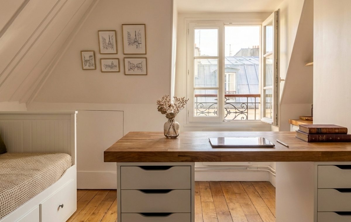 Bright attic home office setup featuring a wooden desk beneath sloped white ceilings and a window view.