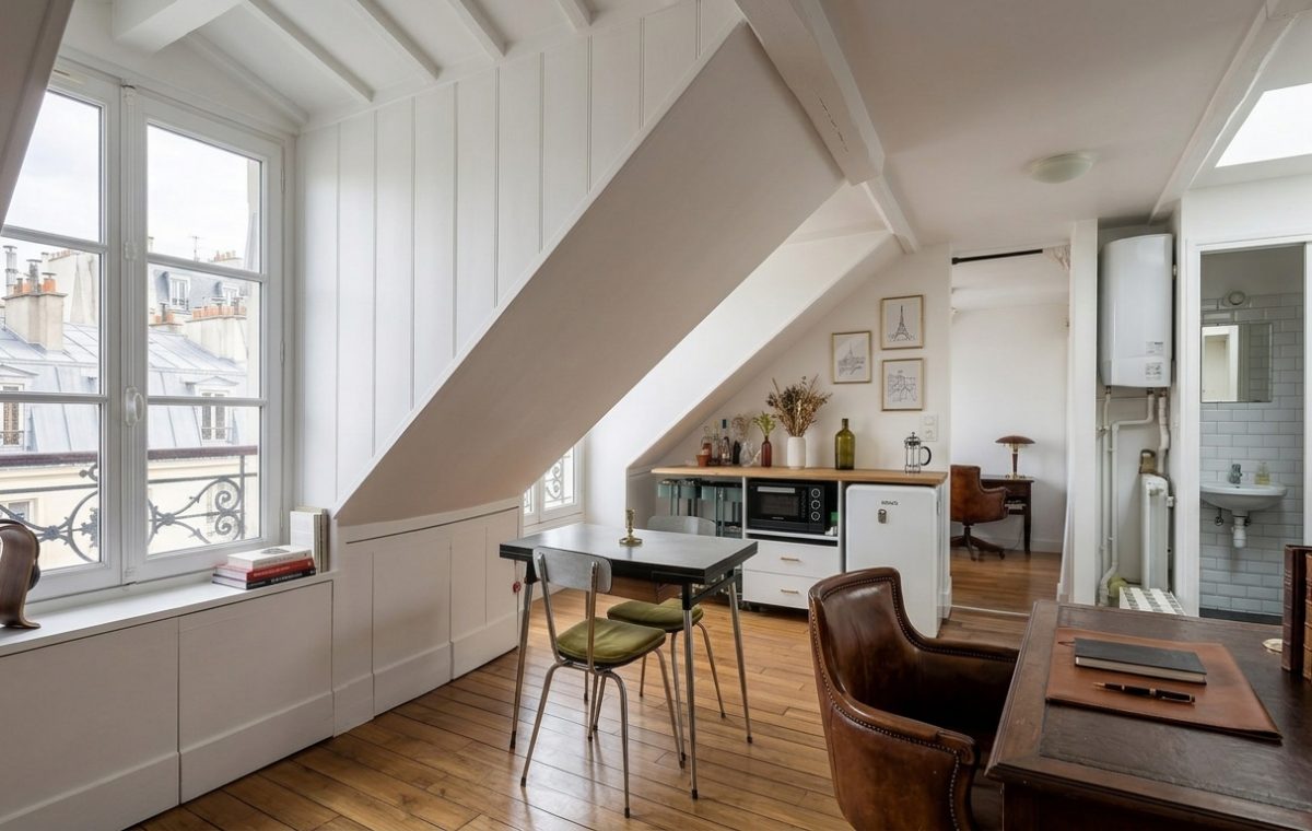 Bright attic home office layout featuring slanted white ceilings, wooden floors, and a leather desk chair.