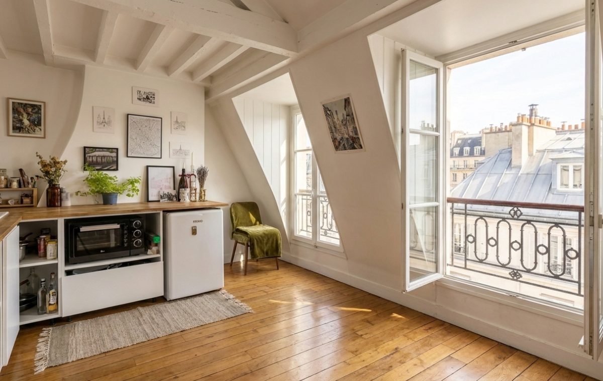 Bright attic kitchen featuring sloped ceilings, wooden countertops, and a view of Parisian rooftops through casement windows.