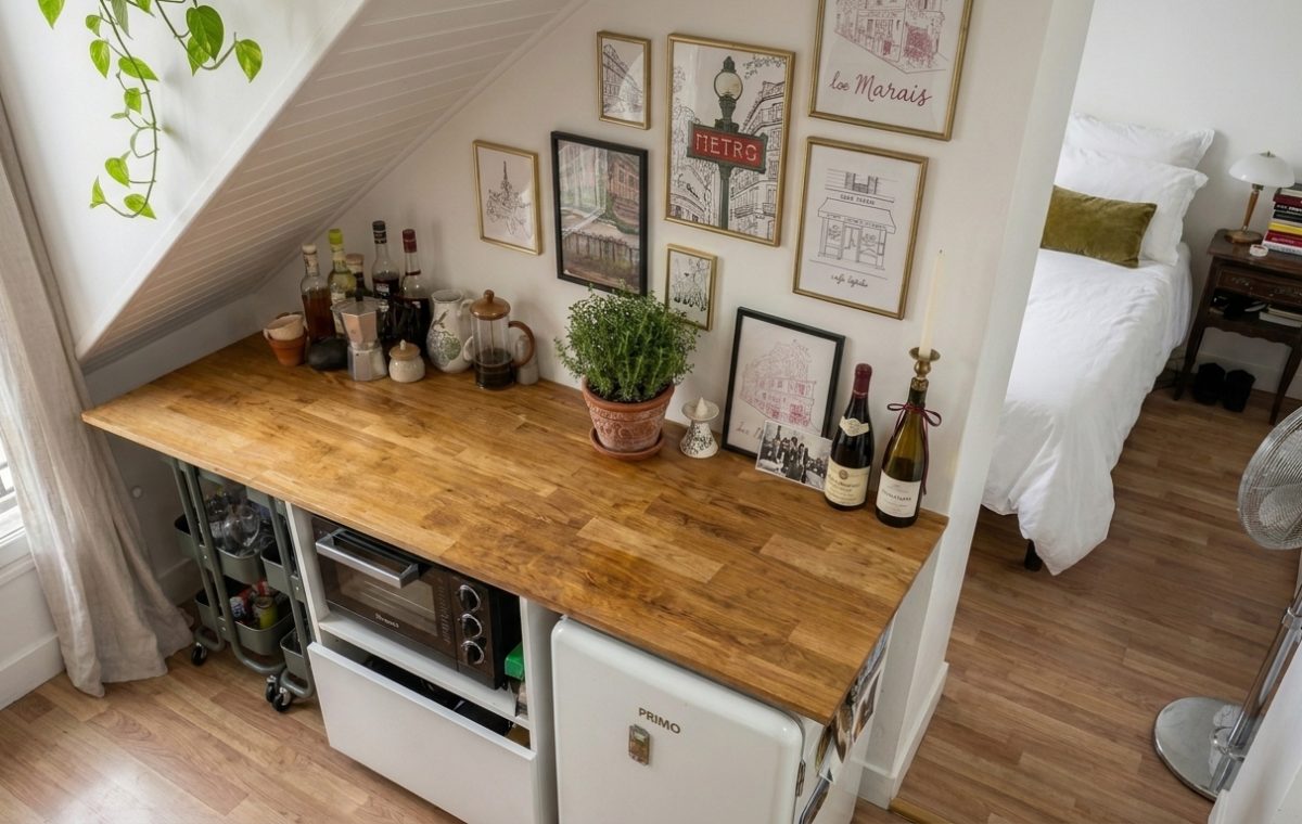 attic kitchenette ideas featuring wooden counters and mini fridge under stairs