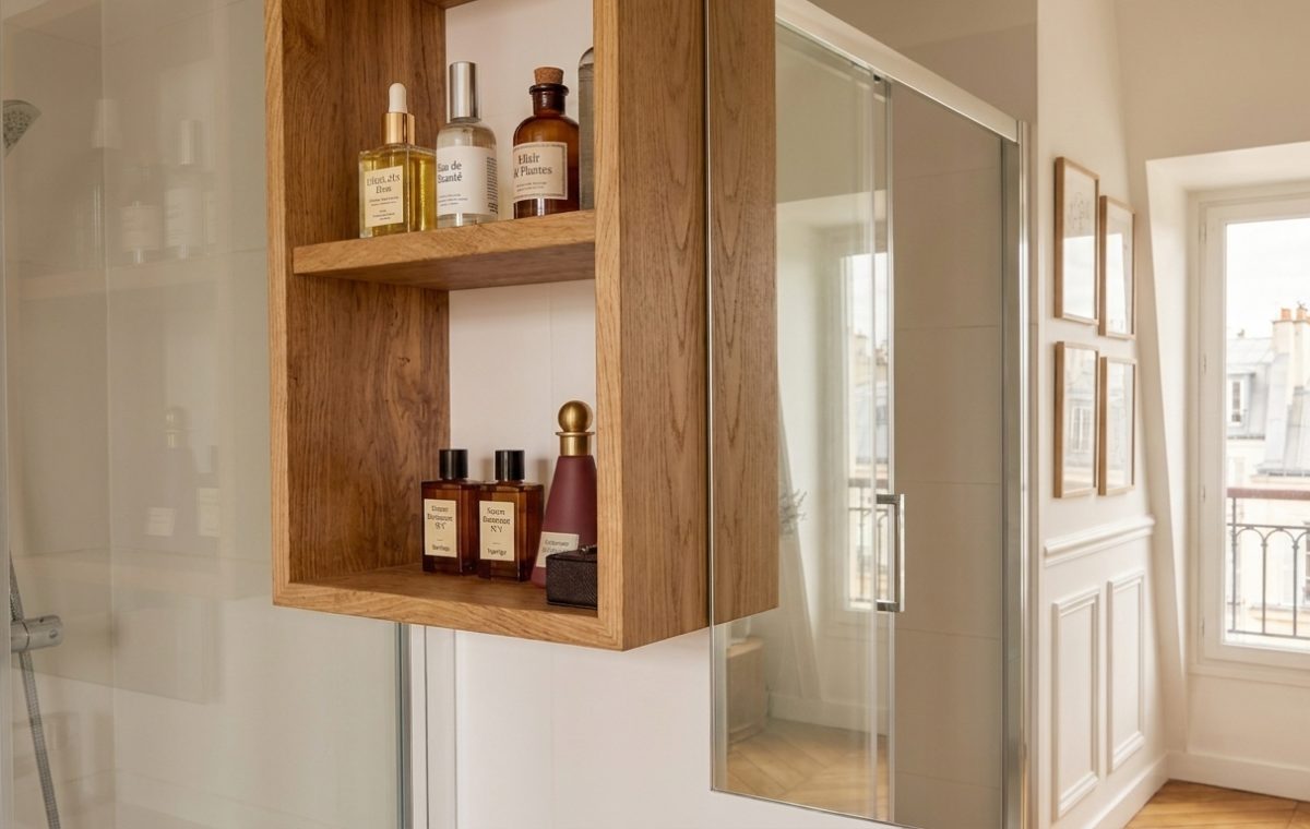 Stylish wooden wall shelf holding amber glass bottles inside a modern minimalist bathroom.