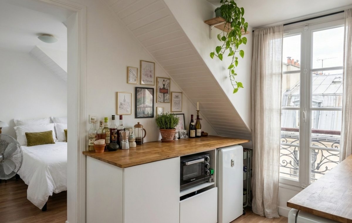 Bright small kitchenette design featuring butcher block counters and a sloped ceiling in an attic apartment.