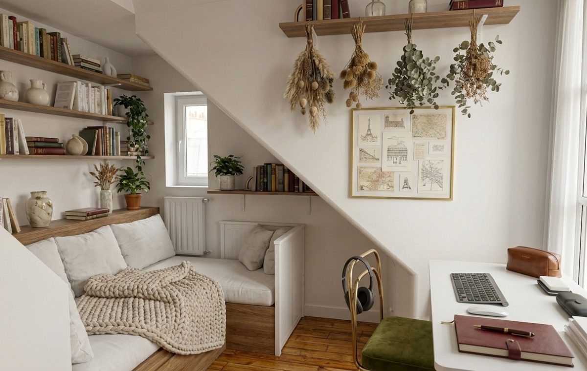 A cozy small space home office and reading nook tucked underneath a staircase with floating shelves and a minimalist desk.
