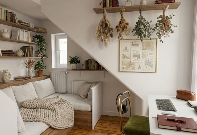 A cozy small space home office and reading nook tucked underneath a staircase with floating shelves and a minimalist desk.