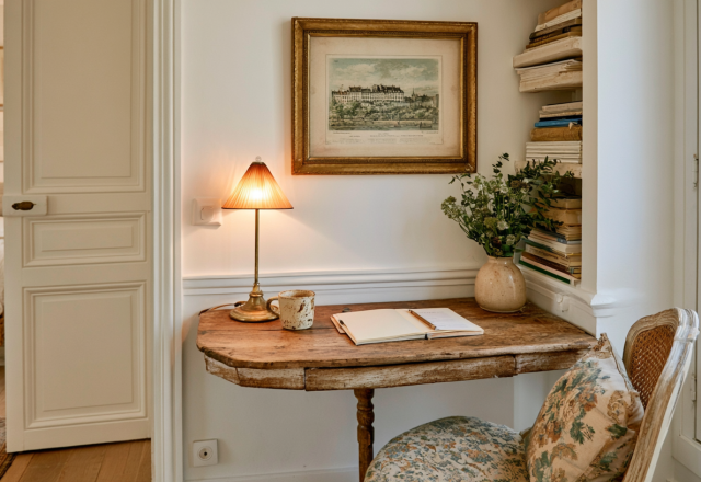 Charming small workspace design featuring an antique wooden desk, vintage lamp, and framed art in a cozy corner.