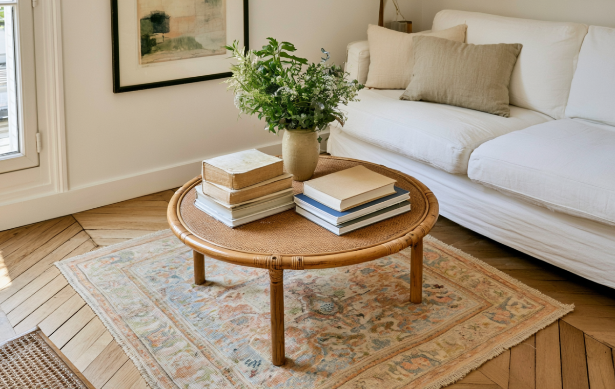 Round rattan coffee table styling with stacked books and green foliage in a bright neutral living room
