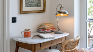 A cozy small home office setup featuring a marble desk, vintage lamp, and natural light.