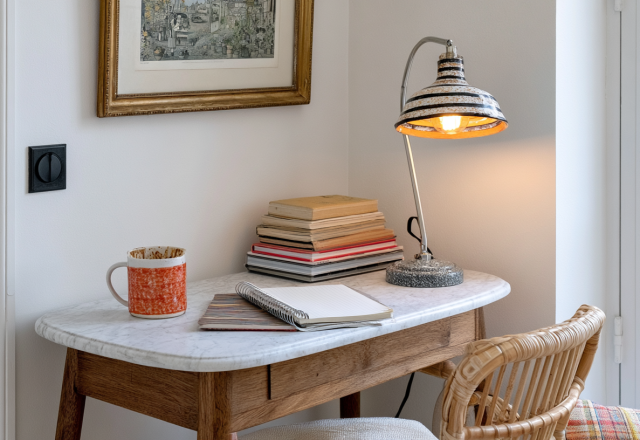 A cozy small home office setup featuring a marble desk, vintage lamp, and natural light.