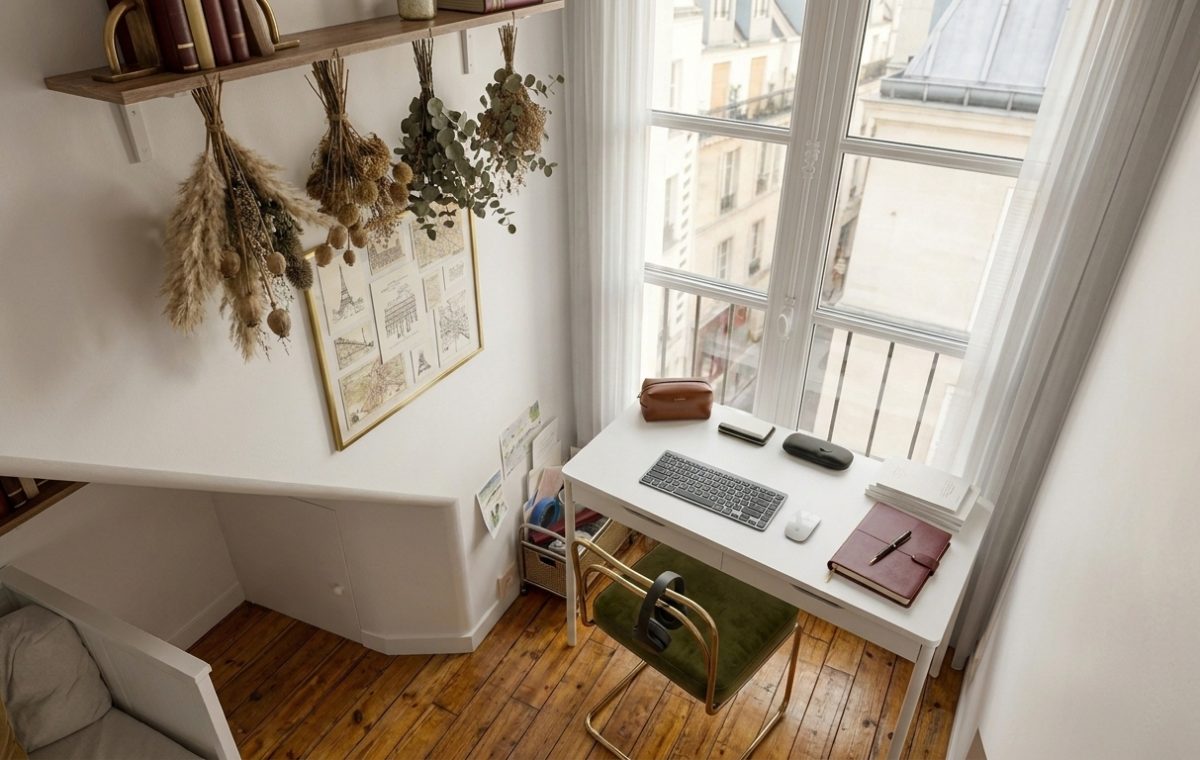 Bright small home office setup featuring a white desk, green velvet chair, and tall window.