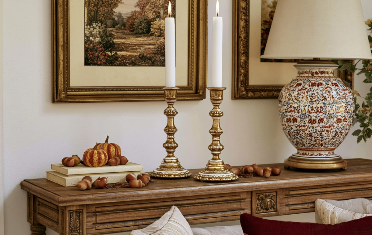 Console table autumn decor featuring brass candle holders, pumpkins, and vintage books in a traditional living room