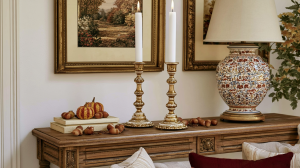 Console table autumn decor featuring brass candle holders, pumpkins, and vintage books in a traditional living room