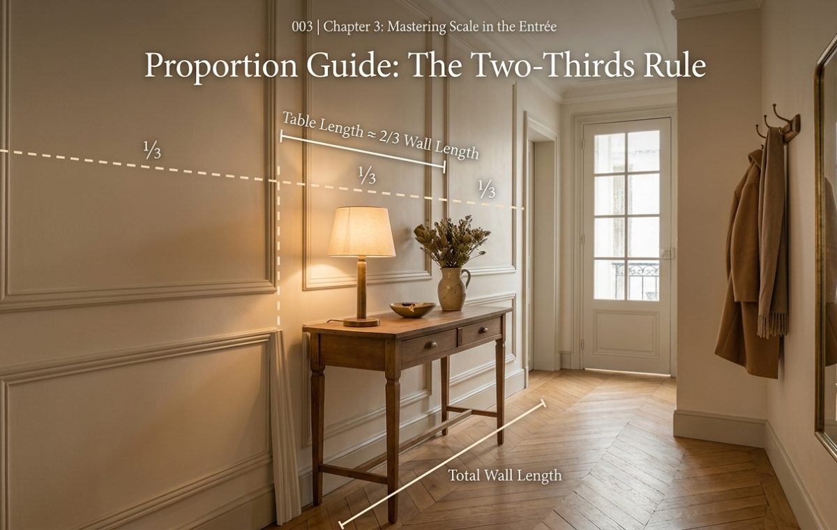 Diagram illustrating console table proportions using the two-thirds rule against panelled entryway wall
