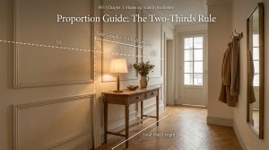 Diagram illustrating console table proportions using the two-thirds rule against panelled entryway wall