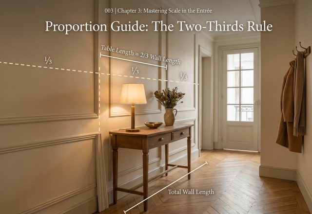 Diagram illustrating console table proportions using the two-thirds rule against panelled entryway wall