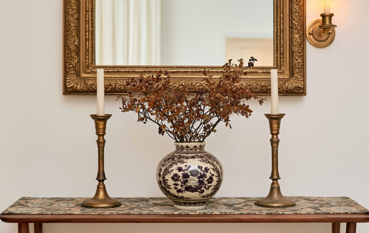 Console table styling featuring an antique gold mirror, vintage brass candlesticks, and a blue and white ceramic vase.
