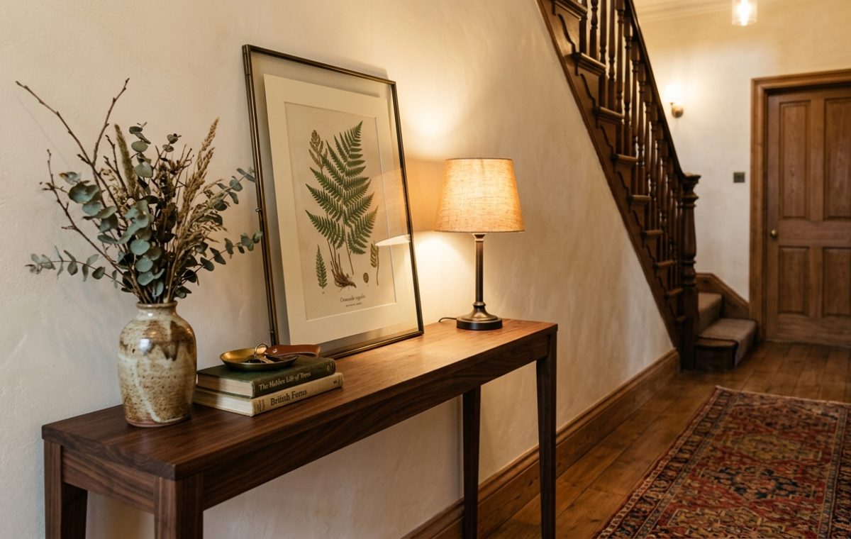 Narrow wooden console table styled with a botanical print and lamp in a bright hallway