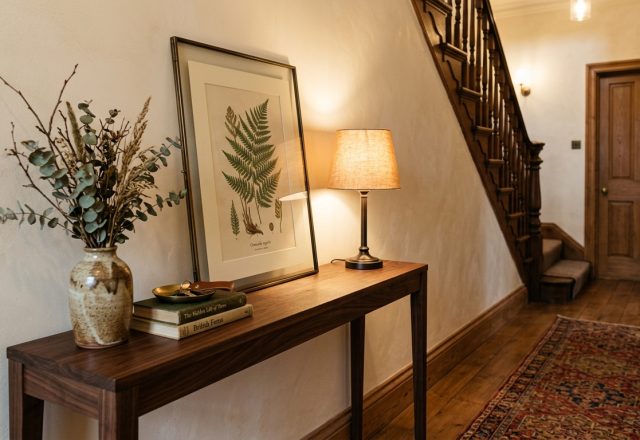 Narrow wooden console table styled with a botanical print and lamp in a bright hallway
