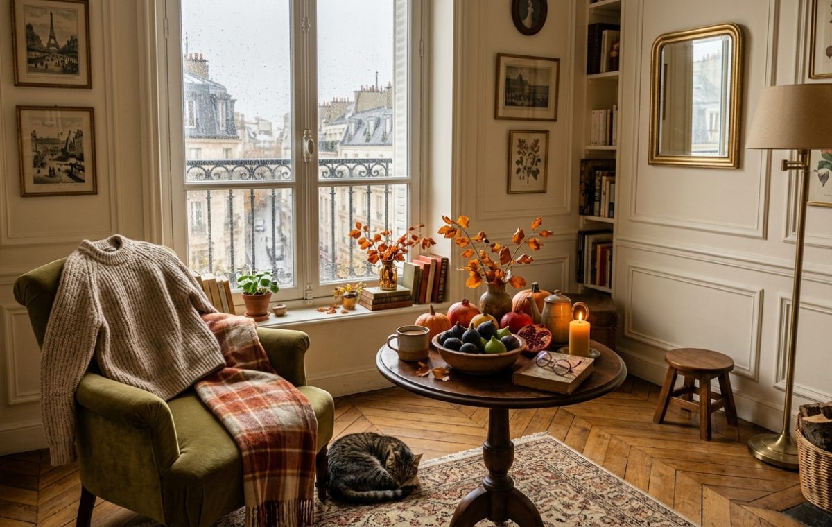 Cozy autumn apartment decor featuring a green armchair, rainy window, and warm seasonal table accents in a French style interior.