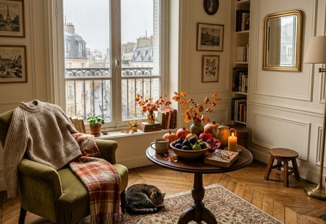 Cozy autumn apartment decor featuring a green armchair, rainy window, and warm seasonal table accents in a French style interior.